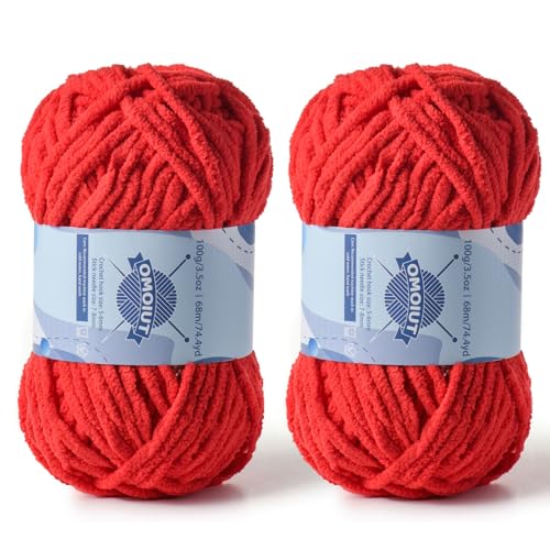 Image of 2 Pack Chunky Chenille Yarn for Crocheting, Baby Yarn for Crocheting Soft Blankets, Bulky Yarns for Crochet Amigurumi, 200g (148.7yds) Fluffy Velvet Yarns for Hand Knitting (2 Bright Red)