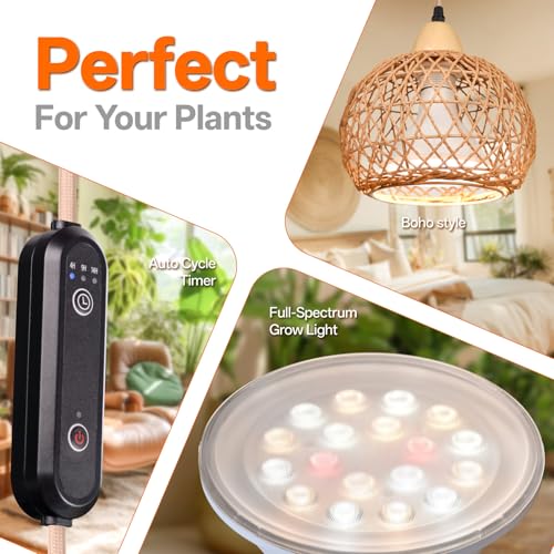 Bstrip Hanging Grow Lights for Indoor Plants, 18W Full Spectrum Plant Light with 4H/9H/14H Timer 15.9 FT Power Cord & Boho Rattan Shade, 3800K Hanging Lights for Indoor Plant, Tall Plant, Flowers by Bstrip - Image 6