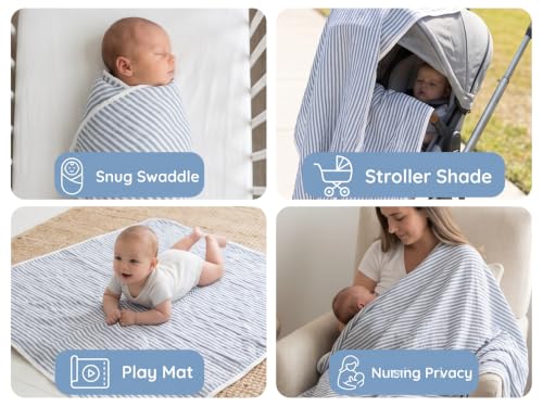 Image of Ultra Soft 6-Layer Cotton Muslin Baby Blanket 41 inchx41 inch Breathable Lightweight Swaddle Blankets for Baby Boys Toddlers Newborn Birthday Gift Blue Striped Jacquard