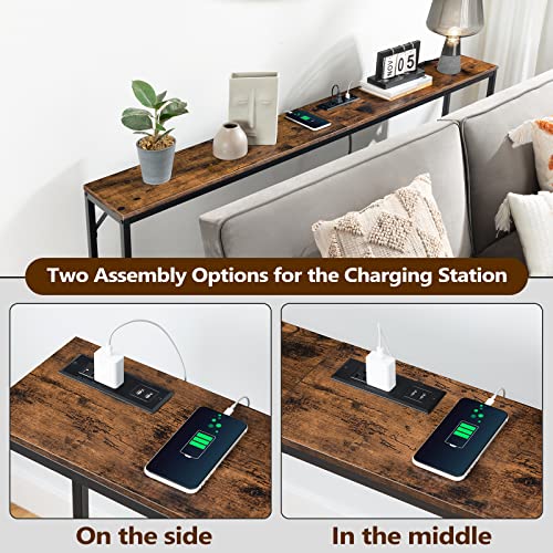 Alloswell 63” Sofa Table With Power Outlets, 2-Tier Console Table With Charging Station, Couch Table, Narrow Long Behind Sofa Table, For Living Room, Entryway, Foyer, Rustic Brown And Black Cthr22E01 #TOP4