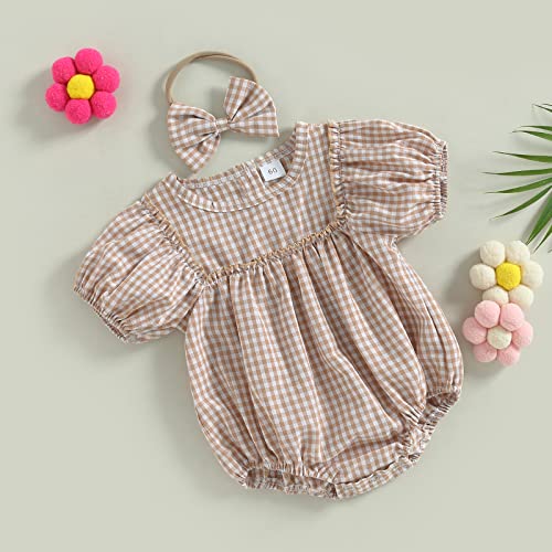 Infant Baby Girl Summer Outfit Plaid Romper Boho Short Sleeve Ruffle Bodysuit with Headband Clothes3