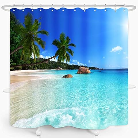 Ocean Beach Shower Curtain Blue Sky Sea Tropical Palm Trees Seaside Landscape Bath Curtain Waterproof Fabric Bathroom Décor 72x72 Inch Plastic Hooks 12PCS Ocean Green Cover