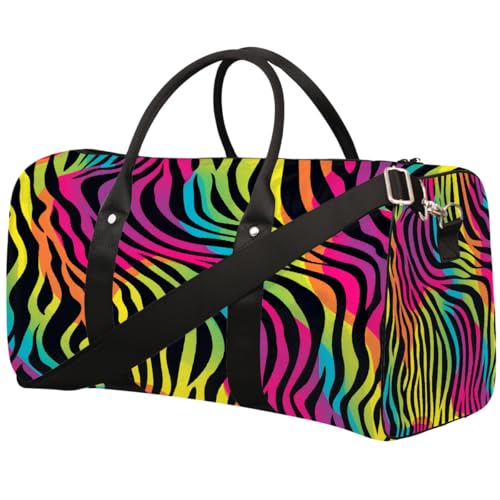 Rainbow Color Zebra Skin Print Travel Duffel Bag Sports Tote Gym Bag Waterproof Tear-Resistant Carry On Overnight Bag Foldable Weekender Bag for Gym Travel Getaway Beach Sports