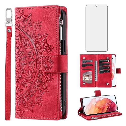 Coque Samsung S21 Plus Rabat Mandala Portefeuille Zippé et Verre de Protection