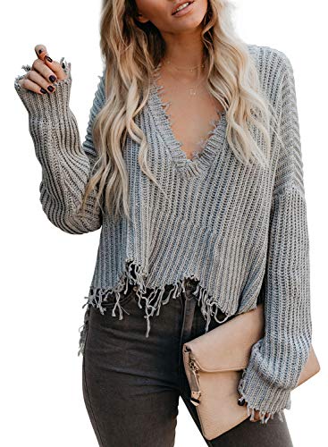 Elapsy Womens Fashion 2020 Prime Promotion V Neck Long Sleeve Cute Sweater Tops Cotton Ripped Distressed Pullover Knitted Sweater Outwear Gray Large