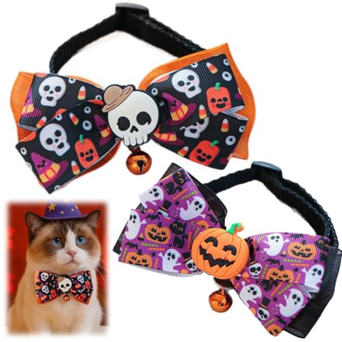 ハロウィン ペットカラー 2点セット 蝶ネクタイとベル付き 猫用首輪 ペットコスチュームネックウェア 調整可能な 19-32cm 猫ネックアクセサリー 超軽量 スカル カボチャ 柄 装飾 道具 写真撮影 猫犬兼用
