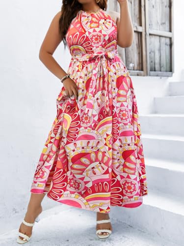 Image of Floerns Women's Plus Size Boho Sleeveless Halter Neck Tie Back A Line Long Dress