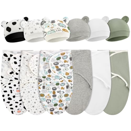 Image of VitalCozy 6 Pack Preemie Swaddle Blanket Wrap with Hat Set Cotton Baby Swaddle Wrap Hat Set for Preemie Newborn Boys Girls (Neutral Series,for 3-7 Lbs)
