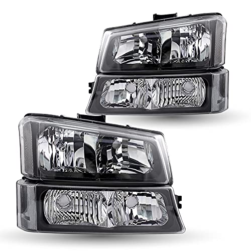 TUSDAR Headlight Assembly Set for 2003-2006 Chevy Avalanche / Silverado 1500 2500 HD 3500, 2007 Silverado Classic w/ Signal Lights 4pcs Passenger & Driver Side (Black Housing with Clear Reflector)