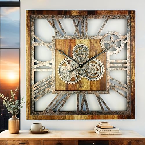 ImprovingLife The Gears Clock   Reloj de pared cuadrado de 61 cm con engranajes reales en movimiento, diseño vintage industrial extragrande, estilo rústico de granja (marrón vintage)