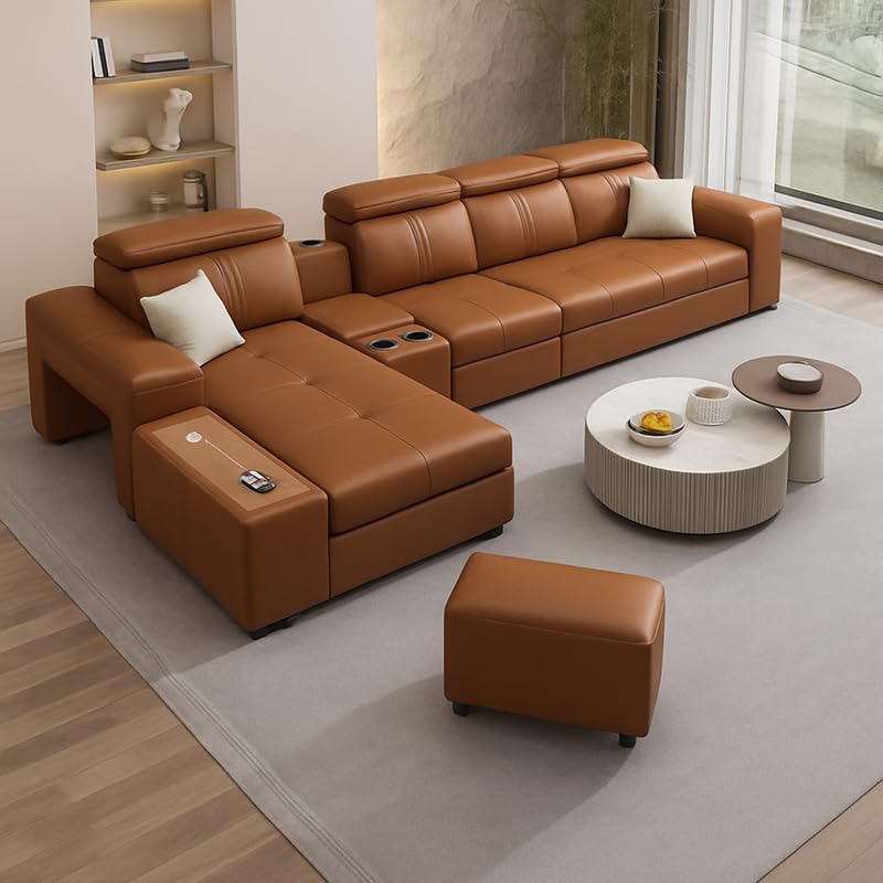 Image of Homax. Nimra Smart L-Shape 7-Seater Sectional Sofa Set with Console, Cup Holders, Charging Station & 2 Ottomans - Premium Leatherette Finish - Brown Color Orientation RHS