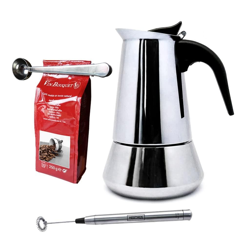 Nerthus FIH 1124 set cafetera italiana acero inoxidable inducción 10 tazas espumador y pinza para café