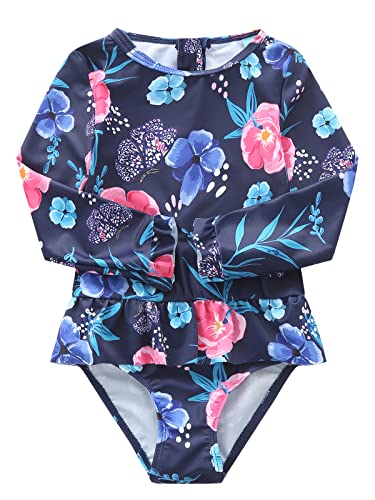 Image of Aisyee Baby Girls One Piece Swimsuits Long Sleeve Rash Guard Swimshirts