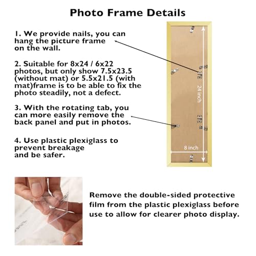 Image of JCJMY 8x24 Picture Frame with 6x22 Mat, Panoramic Picture Frame Display Photo 6x22 with Mat or 8 x 24 Without Mat, Wall Hanging Large 8 by 24 Poster Frame with Plexiglass, Gold