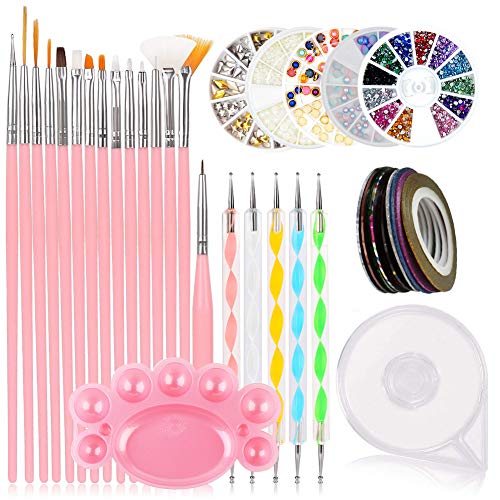 Nail Art Supplies Nail Art Design Nail Art Tools Including Nail Painting Brushes, Color Palette Nail Dotting Tool, Nail Striping Tape, Rhinestones and Pearls for Nail Decorations