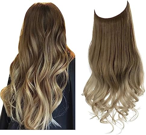 SARLA Ombre Invisible Wire Hair Extension Brown to Ash Blonde Adjustable Headband Wavy Curly Long Synthetic Hairpiece 18 Inch for Women No Clip
