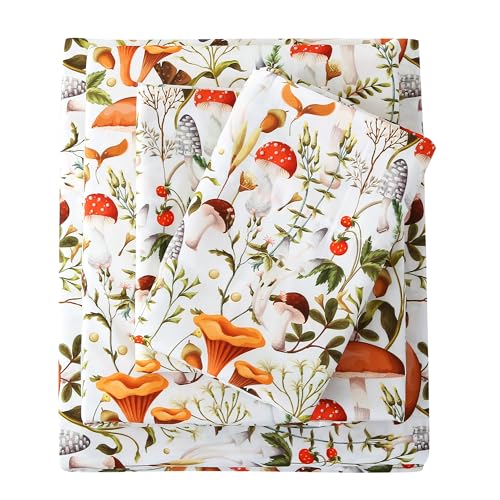 Image of Mooreeke Cozy Vintage Microfiber Printed Full Sheet Set - Soft & Breathable Percale Mushroom Forest Bed Sheets with Extra Deep Pocket - Non-Slip Fitted Design - Jungle Mushroom Leaves Pattern - Full
