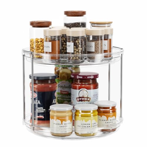LAMU 2 Tier Lazy Susan Turntable Organizer 9.25” Rotating Spice Rack Organization for Cabinet, Kitchen, Pantry, Countertop, Bathroom, Vanity, Medicine Cabinet Organizer, Clear