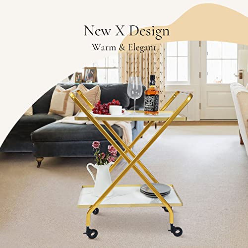 Jubao X-Type Gold Bar Cart - Bar Cart For The Home, Stylish Design, Lockable Wheels, White Marbling Wood Shelves, Easy Installation #TOP6