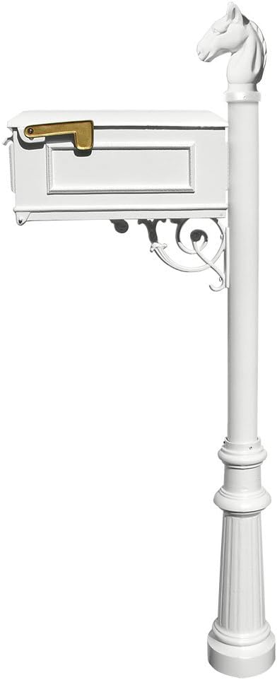 Qualarc Lewiston Cast Aluminum Post Mount Mailbox System with Post, Aluminum Mailbox, Fluted Base and Horsehead Finial, White, Ships in 2 boxes