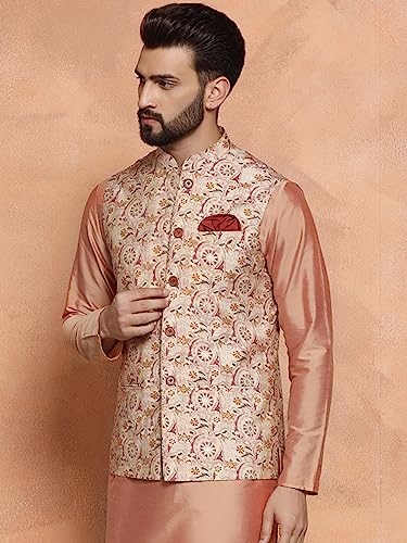 Image of Kisah Men's Cotton Blend Textured Nehru Jacket Regular Fit | Designer Ethnic Layering | Wedding & Occasion Wear