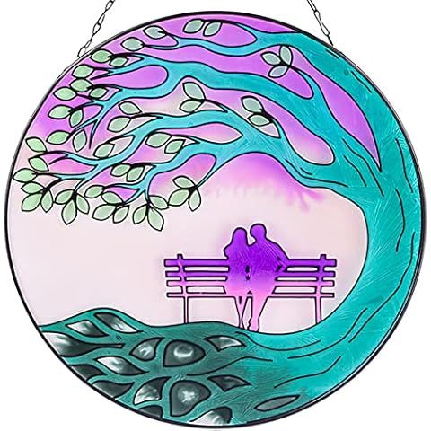 VEWOGARDEN 12" Stained Glass Window Hanging Colorful Handmade Round Couple Sun Catchers Panels with Chain Gifts for Indoor Glass Wall Decor Cover