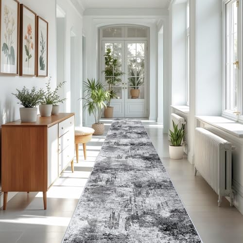 RUUGME Washable Hallway Rug 3x16 - Runner Rug Stain Resistant for Living Room Non Slip Indoor Entryway Rubber Backing Carpet Bedroom Kitchen Distressed Floor Decor Mat Machine Washable 3x16 Black A