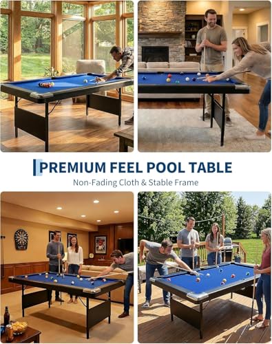 GAOMON 6/7 Foot Pool Table, Portable Billiard Tables, Foldable Small Pool Table, Mesa De Billar Includes Full Set of Billiard Balls, 2 Cue Sticks, Chalk & Felt Brush for Family Game Room Blue