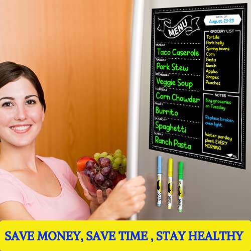 Magnetic Menu Board For Kitchen With Vibrant Neon Chalk Markers- 16X12" - Dry Erase Weekly Meal Planner And Grocery List Magnet Pad For Fridge - Super Easy To Erase Black Chalkboard Calendar #TOP3