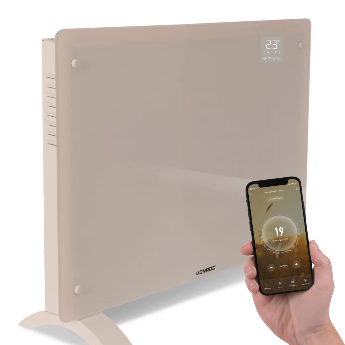 VONROC Convector eléctrico Smart 1500 W – Panel de cristal con pantalla LED – Control WiFi mediante App Tuya Smart Life – Termostato 5-50 °C – Temporizador – IP24 – Pared o suelo beige