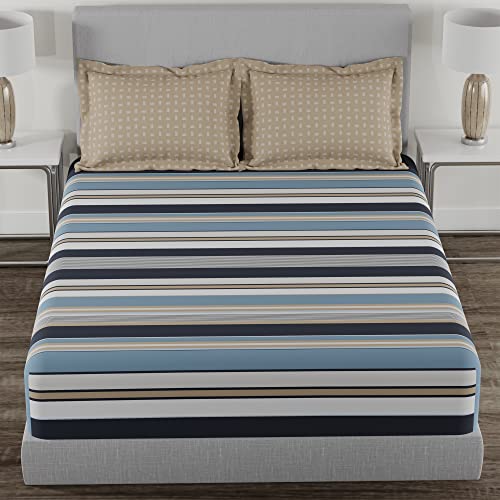 Image of myTrident Home Essential Stripe Collection 144 TC, 100% Cotton Bedsheet with 2 Pillow Cover, King Size - 274 x 274 cm, Astor