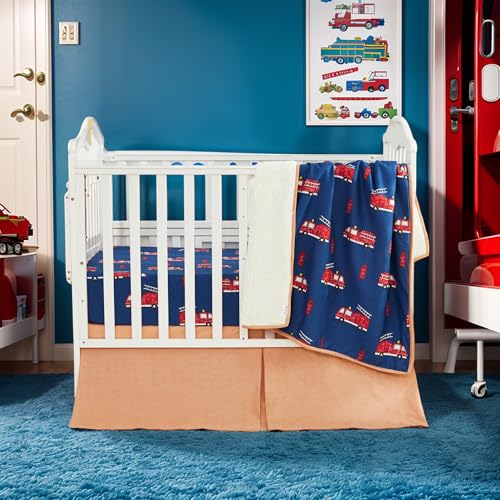 Image of Brandream Fire Truck Baby Crib Bedding Sets for Boys or Girls 3 Pieces, 100% Cotton, Red Blue Cute Super Cozy Nursery Bedding Set