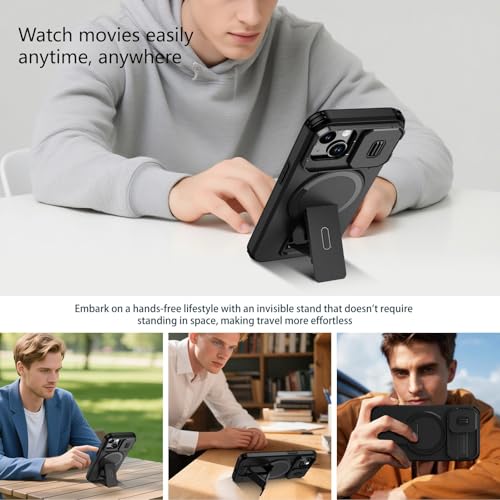 Image of ShieldTech MagStand Series Case for Apple iPhone 14 | Mobile Phone Cover with Sliding Camera Shield, MagSafe, Kickstand, Shockproof for Apple iPhone 14 - Black