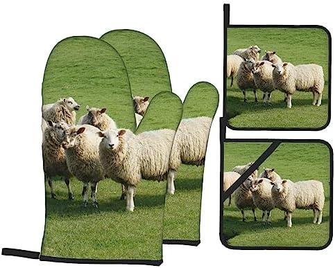 Sheep and Lambs Oven Mitts and Pot Holders Set of 4, Kitchen Cooking BBQ Heat Resistant Non-Slip Oven Gloves and Pad Sets