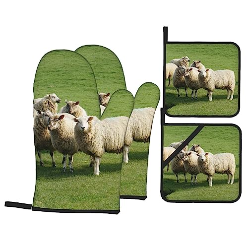 Sheep And Lambs Oven Mitts And Pot Holders Set Of 4, Kitchen Cooking Bbq Heat Resistant Non-Slip Oven Gloves And Pad Sets #TOP1