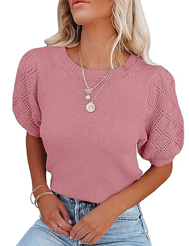 Image of Womens Short Sleeve Sweaters Crewneck Knit Pullover Tops 2025 Summer Casual Lightweight Crochet Blouse Shirt