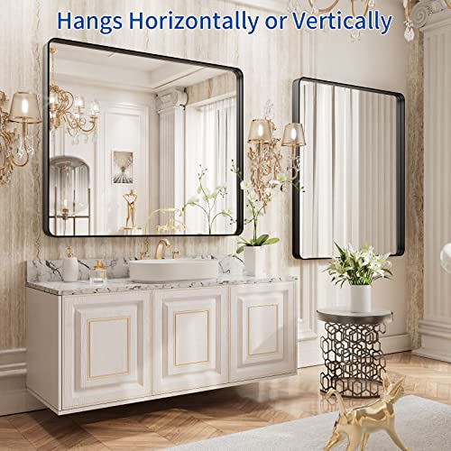 WEER-36X30-Inch-Black-Metal-Framed-Bathroom-Mirror-Matte-Black-Bathroom-Vanity-Mirror-Rectangular-Black-Wall-Mirror-for-Bathroom-Tempered-Glass-Rounded-Corner-Hangs-Horizontal-or-Vertical WEER 36X30 Inch Black Metal Framed Bathroom Mirror Matte Black Bathroom Vanity Mirror Rectangular Black Wall Mirror for Bathroom Tempered Glass Rounded Corner Hangs Horizontal or Vertical