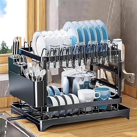 FOXMIND Dish Drying Rack,Space-Saving 2-Tier Dish Drying Rack Kitchen with Drainboard,Rustproof Kitchen Desktop Organizer with Utensil Holder & Cup Holder for Kitchen Counter,11.4''W x 16.5''L,Black Cover