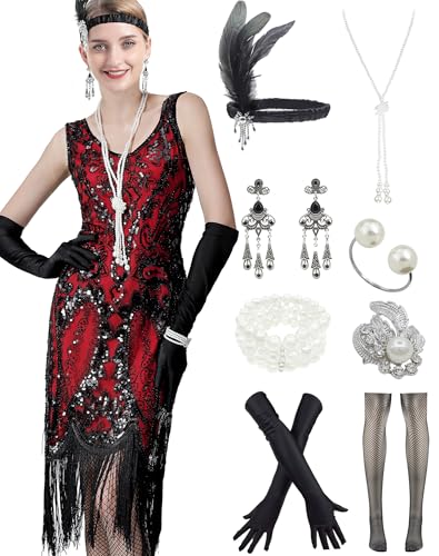 Image of Peacock-inspired 1920s Gatsby Beaded Flapper Sling Dress Womens Vintage Cocktail Dress W /Complete Accessories Set