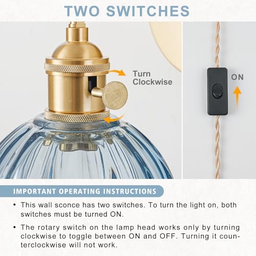 Image of Plug in Wall Sconces Set of 2, Vintage Wall Sconce Light with Tulip Denim Blue Glass Lampshade, Bedroom Wall Sconce with Switch and Plug in wall lamp Cord, Gold Wall Light Wall Decor Set of 2