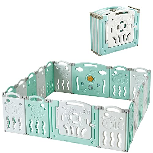 Image of Albott Baby Fence 18 Panels Kids Playpen- Foldable Toddler Safety Play Center Yard Adjustable Shape Portable Design for Children Toddler Indoor Outdoor Use Blue