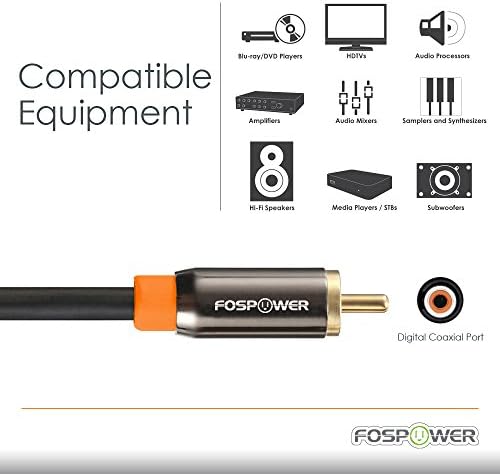 FosPower - Koncentryczny Cyfrowy Kabel Audio | Pozłacany | Koncentryczny Kabel Audio Do Cyfrowego Audio S/PDIF | Kompozytowy Kabel Wideo, Kino Domowe, HDTV, Subwoofer, Systemy Hi-Fi | 90cm