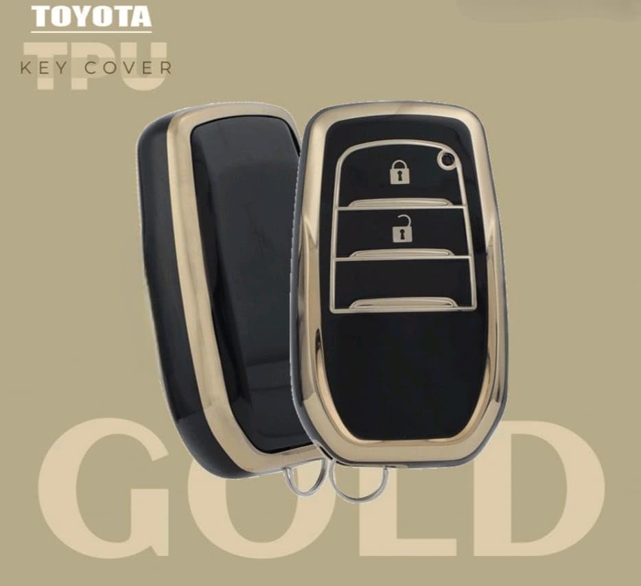 Image of TPU Car Key Cover Black & Golden Compatible for Toyota Fortuner, Legender, Innova Crysta, HyCross, Land Cruiser, Hilux (Toyota, 2 Button Push Smart Key)