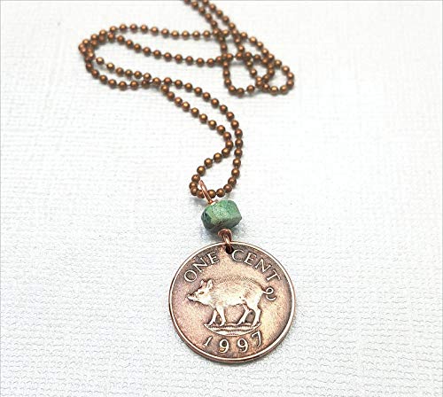 PIG COIN necklace. Turquoise necklace 