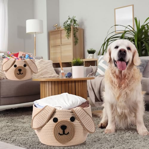 Image of Zopeal Dog Woven Basket Cute Woven Cotton Rope Puppy Animal Storage Basket for Laundry Toy Gift(Khaki,13 x 8 Inch)