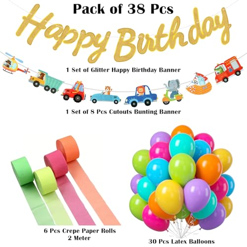 Image of Rozi Decoration Kids Birthday Decoration Kit with Golden Happy Birthday Banner, Vehicle Cutout Bunting, Multicolor Crepe Paper and Latex Balloons for Jungle Theme Birthday Decoration Pack of 38 Pcs