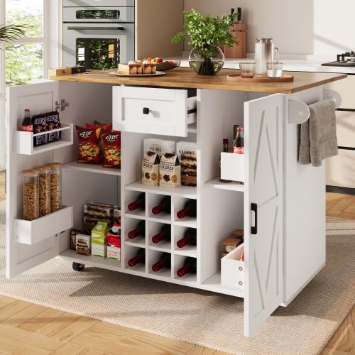 kozamas Isla de cocina con armario elástico y encimera plegable, carrito de cocina blanco, 137,5 x 40 (65) x 95,6 cm, botellero y estantería para aperitivos, 5 ruedas, espacio de almacenamiento y mesa