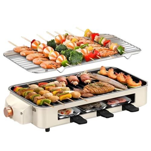 Barbacoa eléctrica multifunción, bandejas para fritos de Barbacoa Interior, Parrilla de Barbacoa eléctrica Antiadherente sin Palos sin Palos con Control de Temperatura Ajustable