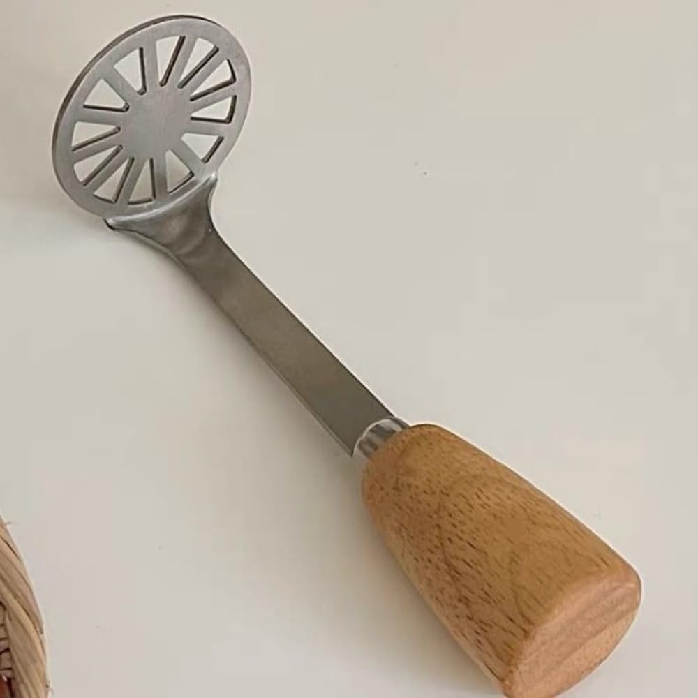 Kartoffelstampfer aus Edelstahl, manuelle Lebensmittelpresse mit Holzgriff, perfekt für Avocado-Kartoffelpüree und glatte Babynahrung