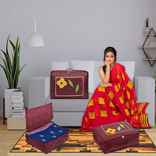 Image of Kuber Industries Saree Cover|Polyester Foldable Flower Print|Travel Wardrobe Organizer for Clothes Storage with Zipper|Extra Large|Pack of 2 (Brown)
